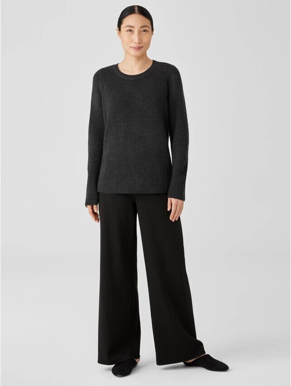 Eileen Fisher Charcoal Grey Ribbed Merino Wool Tunic Sweater Size XL